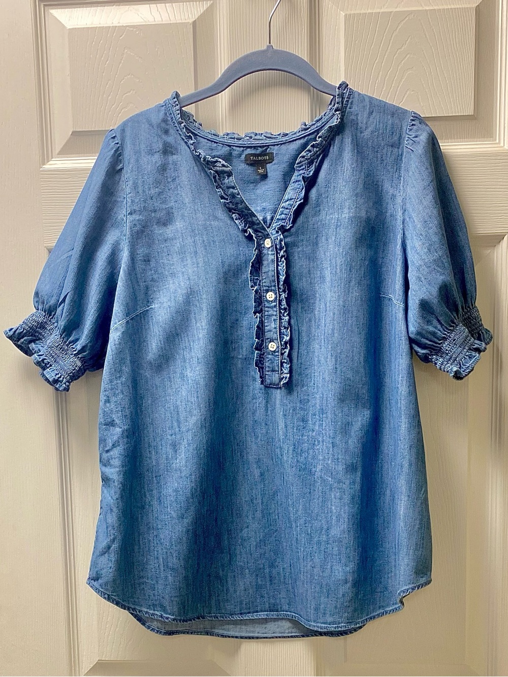 Talbots Light Blue Ruffle Henley Blouse
